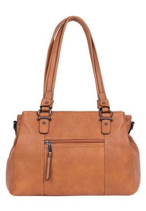 Sac à main en simili cuir tan avec deux poignées, une poche zippée à l'avant et des accents en métal. Texture lisse et détails en couture.