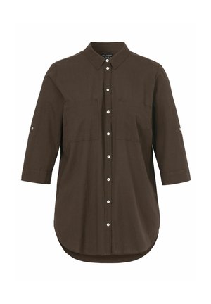 Dunkelbraunes Hemd zum Knöpfen mit dreiviertellangen Ärmeln, zwei Brusttaschen, spitzem Kragen und abgerundetem Saum.