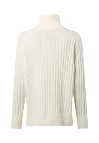 Cremfarbener Rippenpullover mit einem lässigen Schnitt, langen Ärmeln und einer strukturierten Oberfläche. Mit hohem Kragen und geradem Saum.