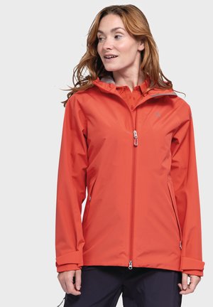 Red waterproof jacket with a zip front, adjustable hood, and elastic cuffs. Features side pockets and a lightweight, smooth texture.