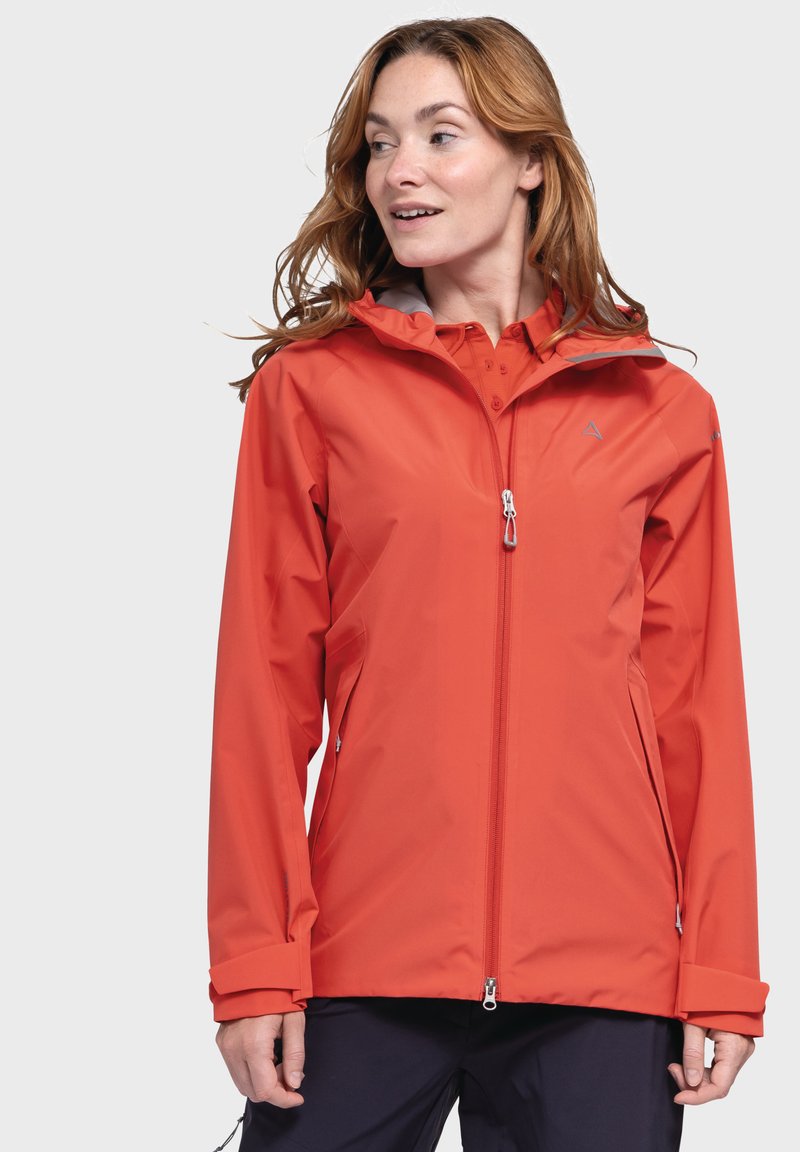 Rote wasserdichte Jacke mit Reißverschluss, verstellbarer Kapuze und elastischen Bündchen. Verfügt über Seitentaschen und eine leichte, glatte Textur.