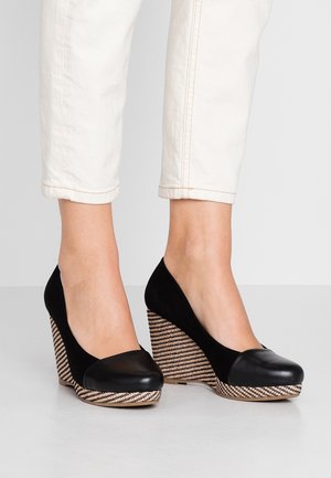 Black wedge shoes with a leather toe cap and a textured, striped jute wedge. Suede body and a smooth, elegant silhouette.