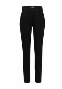 Czarne dżinsy o slim fit, z przednimi kieszeniami, rozporkiem na zamek i gładką strukturą. Brak widocznych wzorów lub ozdób.