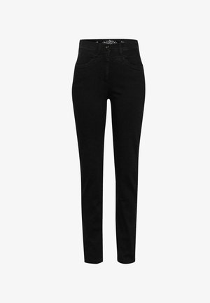 Sorte denim jeans med slim fit, der har forlommer, lynlås og en glat tekstur. Ingen synlige mønstre eller udsmykninger.
