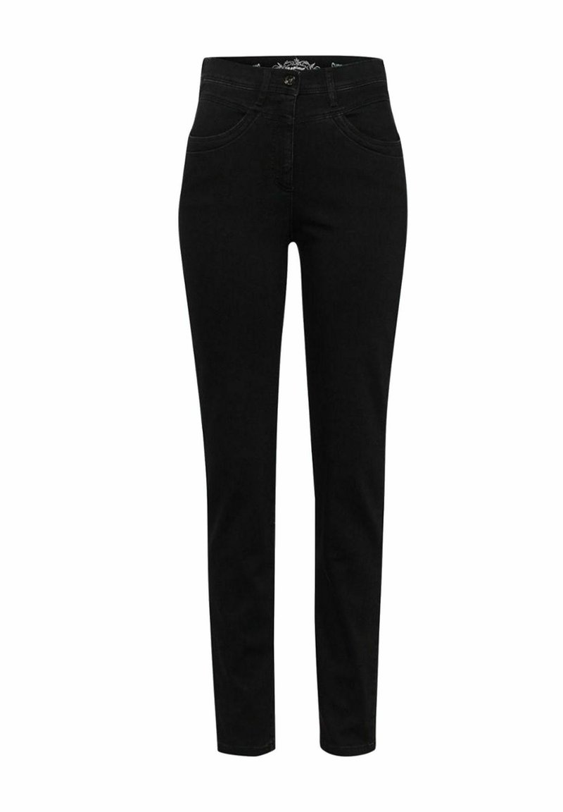 Czarne dżinsy o slim fit, z przednimi kieszeniami, rozporkiem na zamek i gładką strukturą. Brak widocznych wzorów lub ozdób.