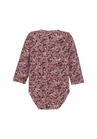 Langarm-Bodysuit in Bordeaux mit floralem Druck, runder Halslinie und einem Druckverschluss am Boden für einfaches Ankleiden.