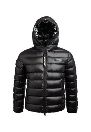 Černá lesklá péřová bunda s kapucí, předním zipem, bočními kapsami a detaily značky "JACKIT" na zipu a kapsičce na prsou.