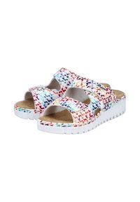 Multicolored patterned slide sandals with two wide straps, white rubber soles, and a soft textured footbed.