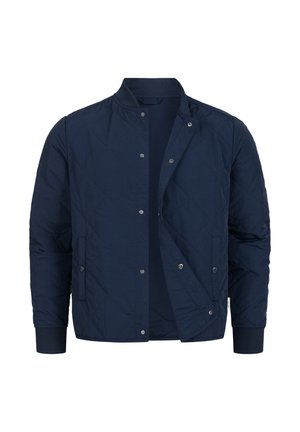 Laivastonsininen tikattu takki, jossa on nepparikiinnitys, resorikaulus ja -hihansuut, kaksi etutaskua, esillä osittain avoinna valkoisella taustalla.