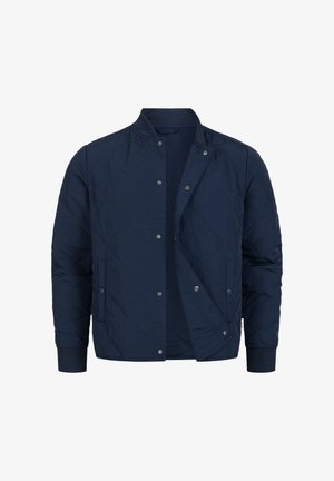 Donkerblauwe doorgestikte jas met drukknopen, geribde kraag en manchetten, twee voorzakken, gedeeltelijk geopend weergegeven op een witte achtergrond.