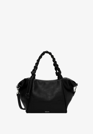 Bolso de cuero negro con asas trenzadas, textura suave y silueta redondeada. Cuenta con una correa ajustable para el hombro y un branding sutil.