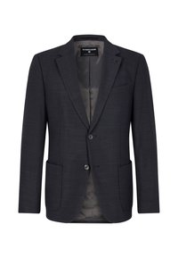 Blazer blu scuro con due bottoni, revers a punta e due tasche frontali. Interno in tessuto liscio con una texture e dettagli sottili.