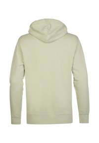 Sudadera de color verde claro, mezcla de algodón suave, mangas largas, bolsillo frontal, capucha ajustable con cordón, puños y dobladillo acanalados.