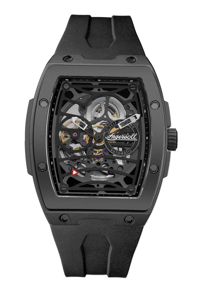 Zwarte skeletwatch met een rechthoekige kast en rubberen band. Zichtbare binnenmechanica met zilveren en paarse accenten. Opvallende driehoekige markering.