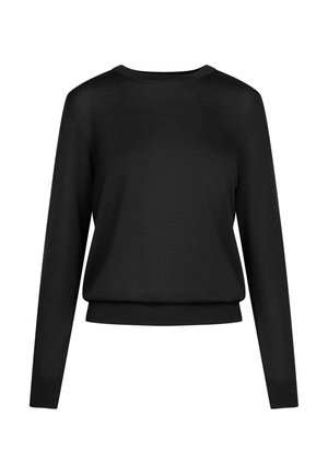 Czarny sweter z długim rękawem, okrągłym dekoltem i luźnym krojem, z ribbowanymi mankietami i dołem. Gładka faktura, bez wzorów i akcentów.