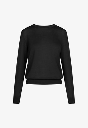 Czarny sweter z długim rękawem, okrągłym dekoltem i luźnym krojem, z ribbowanymi mankietami i dołem. Gładka faktura, bez wzorów i akcentów.