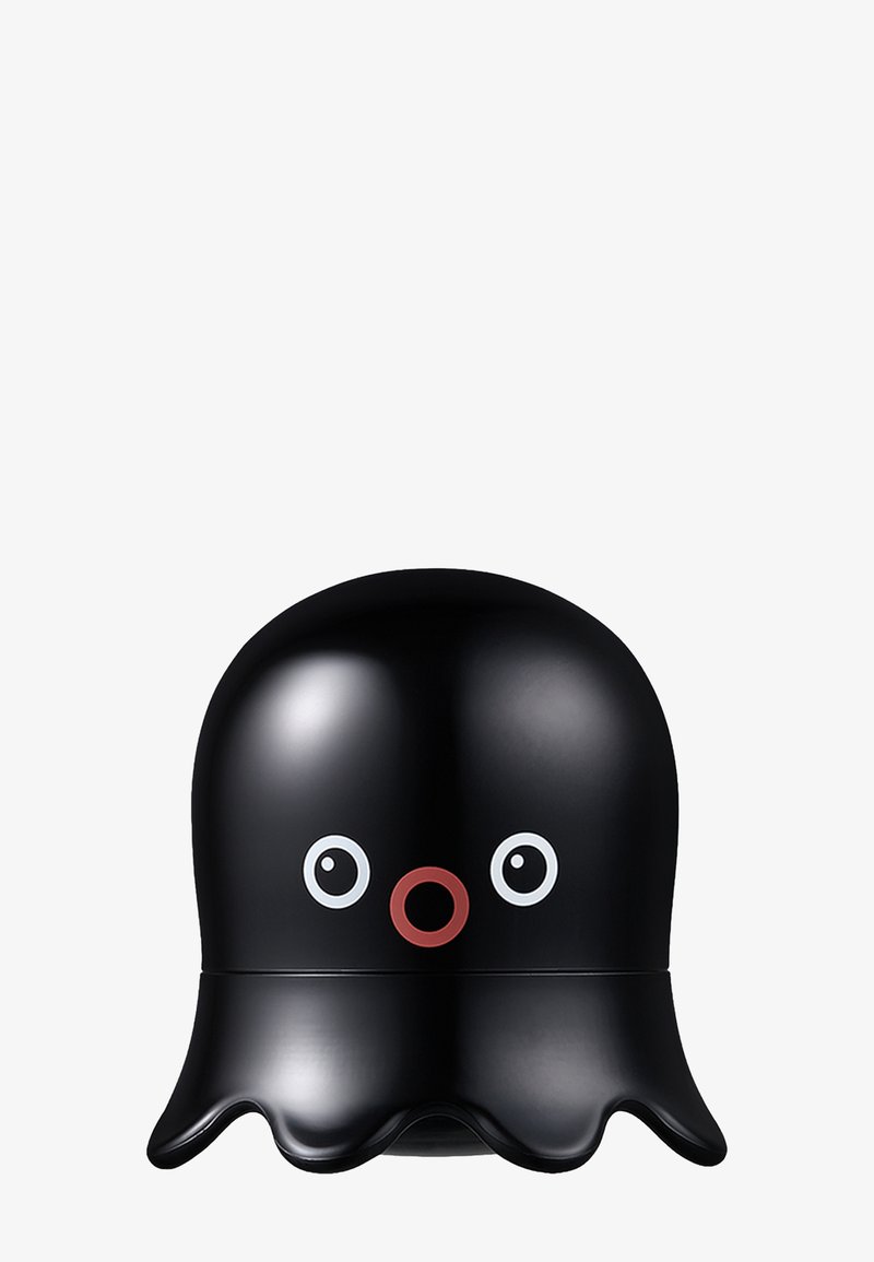 Objet noir en forme de pieuvre avec de grands yeux ronds et une petite bouche circulaire rouge sur un fond blanc.