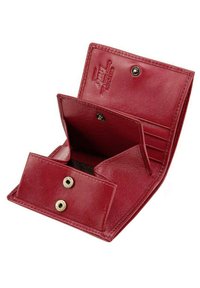 Rote Lederbörse mit strukturiertem Finish, ausgestattet mit zwei Druckknopfverschlüssen, mehreren Kartenfächern und einem erweiterbaren Münzfach.