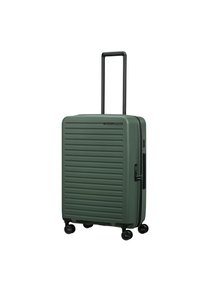 Valise rigide verte avec un design texturé, poignée noire rétractable et quatre roues pour la mobilité. Comprend un verrou latéral et une fermeture éclair.