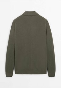 Olive green knit sweater with a collared design, ribbed texture, long sleeves, and a straight hem, featuring no visible logos or embellishments.
