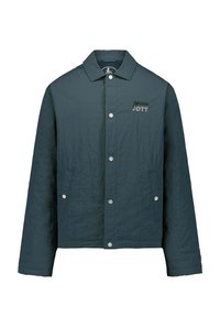 Dunkelteal-farbene Jacke mit strukturierter Oberfläche, ausgestattet mit spitzem Kragen, Frontknöpfen und zwei Seitentaschen. Gesticktes Markenlogo auf der Brust.