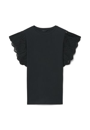 Haut noir à manches courtes avec encolure ronde et larges manches volantées en dentelle ajourée ornées de bords festonnés.