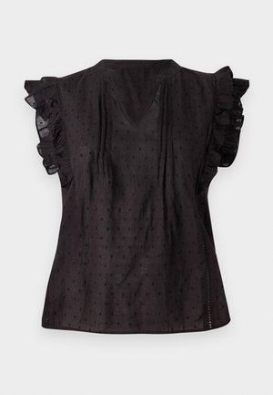 Juoda bluzonė su V formos iškirpte, volanginiais trumpais rankovėmis, tekstūruota medžiaga ir mažų taškelių raštu visame paviršiuje. Šoninės skeltos padidina komfortą.