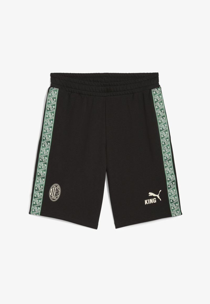 Fekete sportnadrág zöld mintás oldalsávokkal, elasztikus derékpánttal, az AC Milan logójával a bal lábszáron és a Puma "King" logójával a jobb lábszáron.