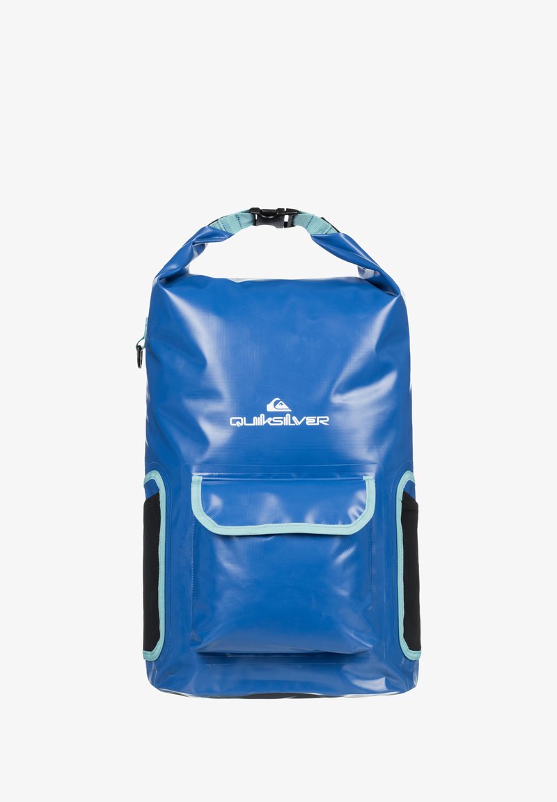 Zaino impermeabile blu con chiusura a rotolo, accenti neri, tasca frontale con bordino turchese e tracolla regolabile.