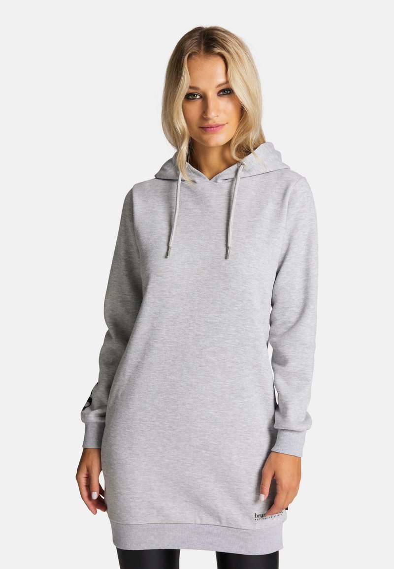 Graues Kapuzen-Sweatshirtkleid mit langen Ärmeln, gerippten Bündchen und geradem Schnitt. Weicher Stoff mit einem Logo-Akzent am Saum.