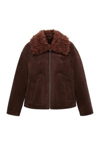 Brown shearling-style jacket with a fluffy collar, zip closure, and front pockets. Features a relaxed design and smooth texture.