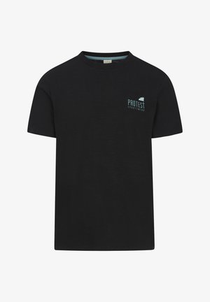 Black cotton t-shirt with a crew neckline, featuring a small light blue "PROTEST SPORTSWEAR" logo on the left chest area. Short sleeves.