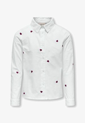 Cămașă albă cu nasturi, fabricată din bumbac, cu inimi bordate de un burgund împrăștiate. Prezintă un guler clasic și mâneci lungi.