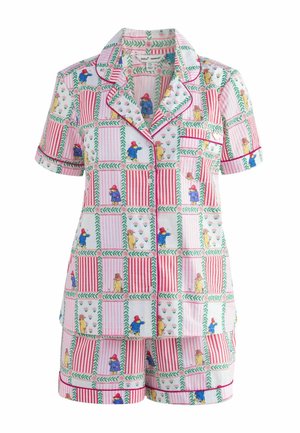 Kurzärmeliges Knopf-Pyjama-Set mit rosa- und rotgestreiftem Patchwork und Cartoon-Tieren mit Hüten, versehen mit grünen Blatträndern.