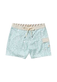 Licht turquoise zwembroek met een geometrisch wit patroon, elastische tailleband, koordsluiting en zijzak met logopatch.