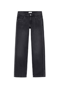 Črne denimske hlače s ravnim krojem. Ponašajo se z srebrnimi žebljički ob stranskih šivih. Klasična zasnova s petimi žepi ter zadrgo.