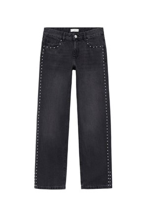 Zwarte denim jeans met een recht model. Voorzien van zilveren studs langs de zijnaad. Klassiek vijf-pocket ontwerp met een ritsluiting.