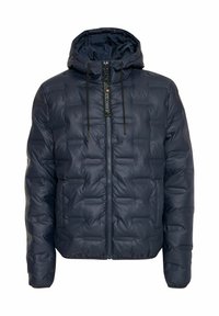 Marineblå pufferjakke med hætte, der har lynlås-lukning, elastiske manchetter og struktureret quiltet design. Materialet virker glat og isoleret.
