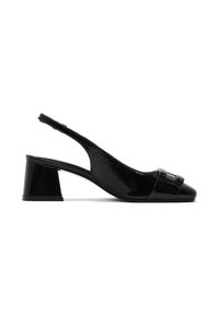 Black patent leather slingback shoe with a block heel, pointed toe, and decorative strap detail across the forefoot. Smooth, glossy finish.