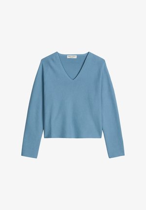 Pull à manches longues bleu clair avec un col en V et une coupe courte, en tissu tricoté doux.