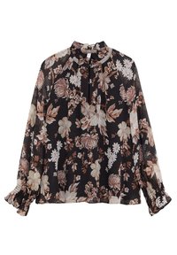Blouse florale en tissu noir transparent, ornée de fleurs roses et blanches, avec un col montant et des manches froncées. Texturée avec un design fluide.