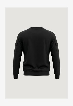 Felpa nera con scollo rotondo, polsini e orlo a coste. Presenta dettagli sulle spalle e tasche laterali. Texture liscia con un design minimalista.