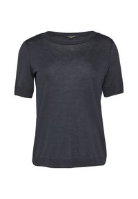 Ciemnoszara koszulka z krótkim rękawem i okrągłym dekoltem, wykonana z lekkiego, lekko teksturowanego materiału. Prosty design, bez widocznych wzorów lub akcentów.