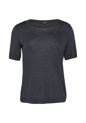 Ciemnoszara koszulka z krótkim rękawem i okrągłym dekoltem, wykonana z lekkiego, lekko teksturowanego materiału. Prosty design, bez widocznych wzorów lub akcentów.