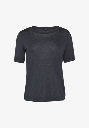 T-shirt grigio scuro a maniche corte con scollatura tonda e un tessuto leggero, leggermente testurizzato. Design semplice, senza motivi o accenti visibili.