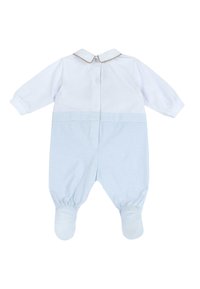Lichtblauwe babypak met een witte bovenkant, kraag en gouden afwerking. Voorzien van drukknoopsluitingen en elastische enkels voor extra comfort.