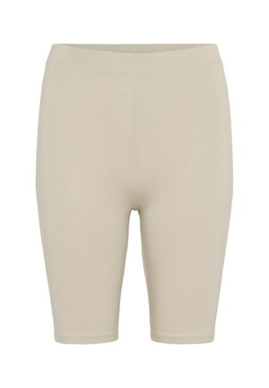 Beige velosortos, kas izgatavoti no gludas, elastīgas auduma, ar augstu jostas vietu un vidukļa garumu līdz augšstilbam, bez redzamām vīlēm vai rotājumiem.