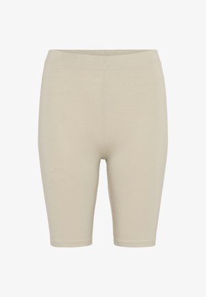 Beezvärvilised jalgrattashortsid, mis on valmistatud siledast ja venivast kangast, sisaldades kõrget vööd ja keskmist reie pikkust, ilma nähtavate õmbluste või kaunistusteta.