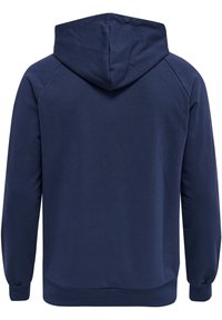 Helleblaues Hoodie, von hinten gezeigt, mit langen Ärmeln, Kapuze, und gerippten Bündchen und Saum.