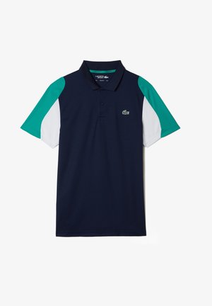 Marineblaues Poloshirt mit kurzen Ärmeln in Türkisgrün und Weiß, Zwei-Knopf-Leiste und kleinem grünem Krokodillogo auf der Brust.